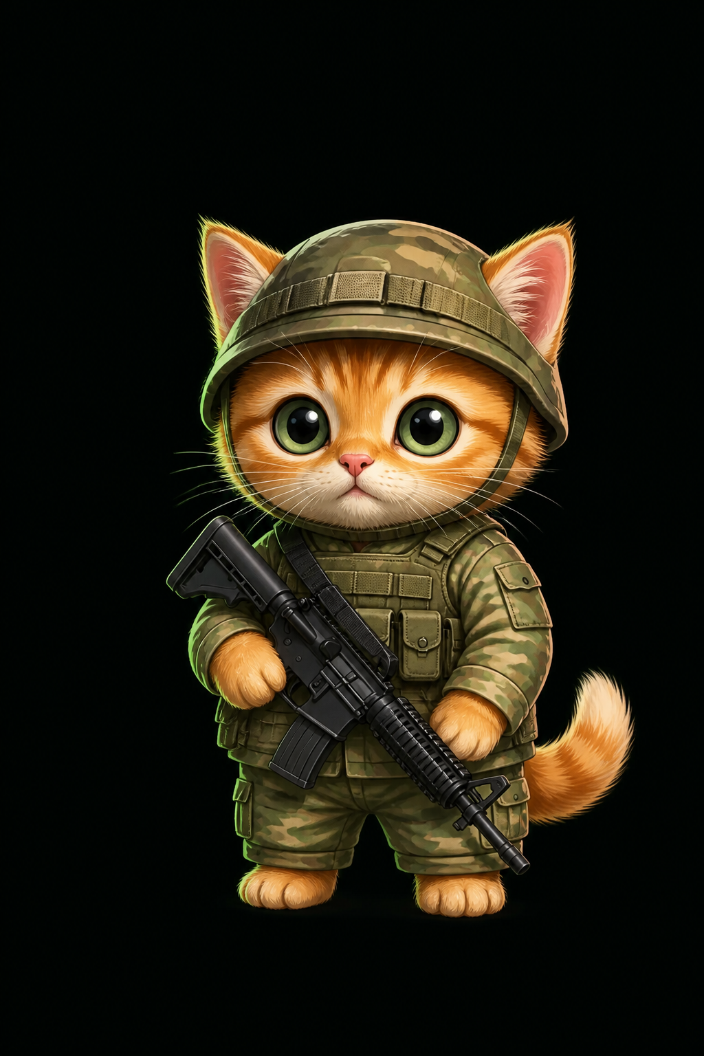 A friendly calico cat in a modern military field outfit